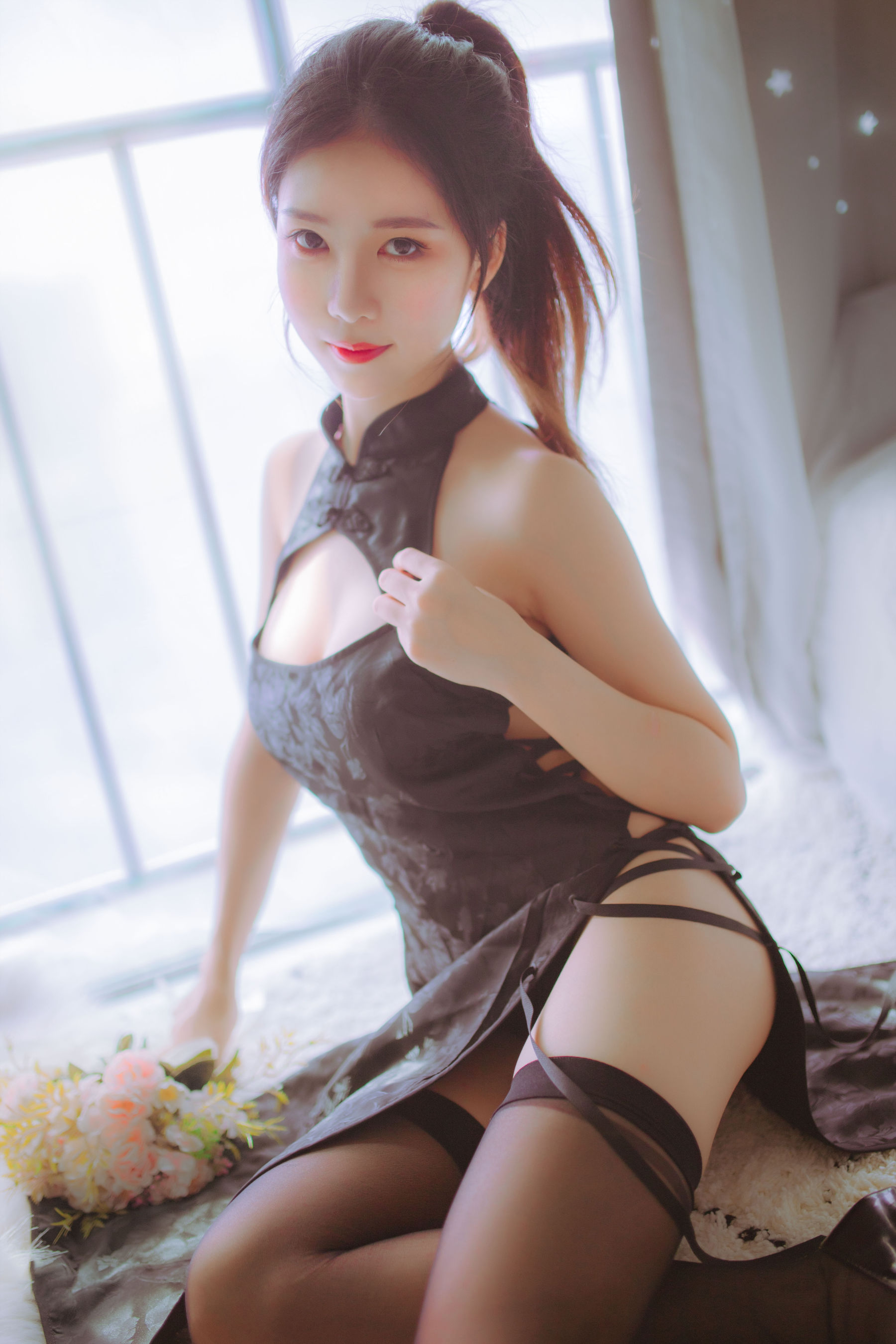 抖娘-利世图集 抖娘×不呆猫 黑白旗袍双子 微密圈-第41张