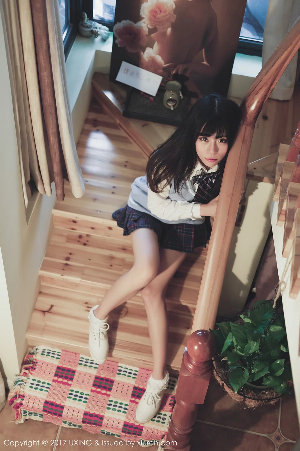 M940-[UXING优星馆]Vol.048_嫩模Yo酱居家学生装+白色蕾丝袜清爽美萝莉性感写真32P 优星馆-第1张