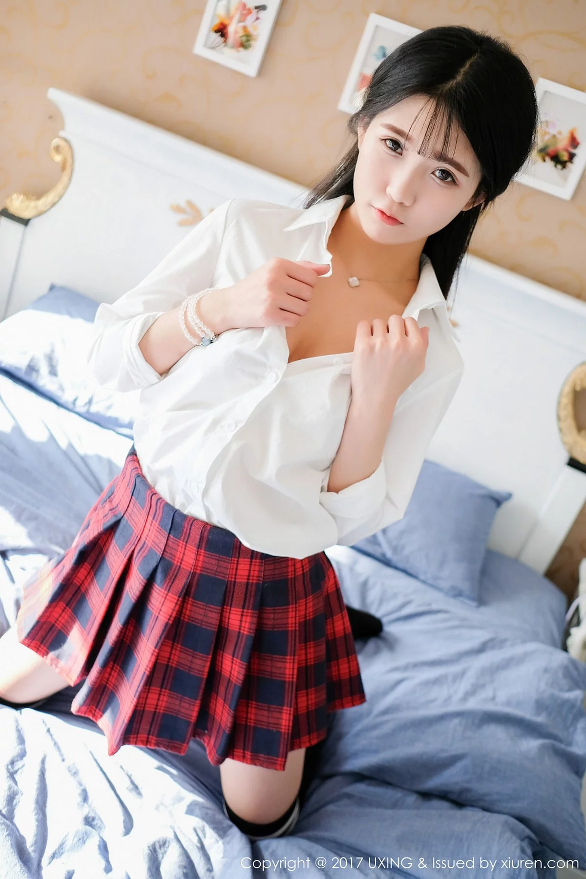 M940-[UXING优星馆]Vol.046_童颜巨乳妹子可爱的小叶子格子短裙学生装性感内衣写真50P 优星馆-第26张